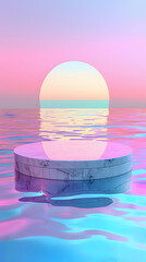 3d render round platform on water with glass wall panels. Minimal landscape mockup for product showcase banner in rainbow colors. Modern design promotion mock up. Geometric background with empty space