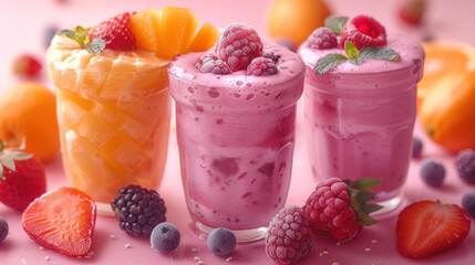 A colorful assortment of fruit smoothies featuring a variety of ingredients such as peaches, raspberries, strawberries, blackberries, and mint leaves.