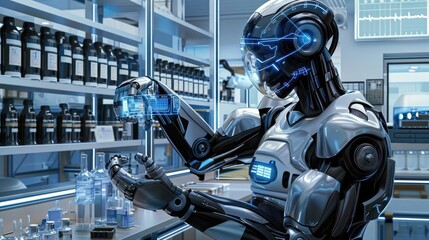 Robot with a holographic interface, sci-fi tech, blue and silver, digital painting, high-tech lab