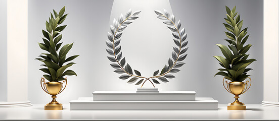  Winner award podium prize silver gold trophy win champion pedestal first stage bronze sport. Podium background winner 3d award ceremony medal platform laurel best place second third design light even