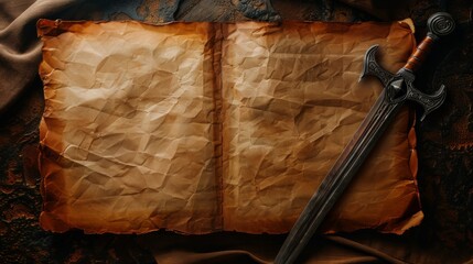 Ornate Sword Resting on Crinkled Parchment Paper
