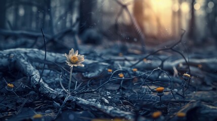 A solitary flower blooms amidst fallen branches in a forest at twilight, capturing a sense of resilience and beauty in nature.