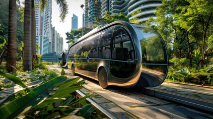 Fototapeta premium A futuristic bus is driving down a road in a city