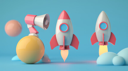 Set of 3D icons that looks like light bulb, megaphone, and rocket