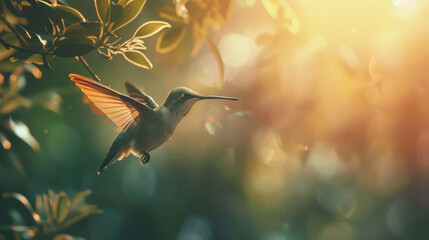 Naklejka premium A hummingbird is flying in the air, its wings flapping quickly.