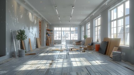 A large, spacious room with multiple windows letting in daylight, under renovation, with unfinished walls, paint buckets, paint supplies, and some scattered materials.