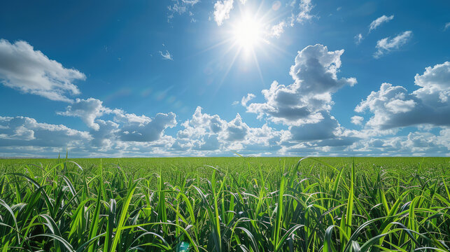 Ripe sugarcane field under sunny sky