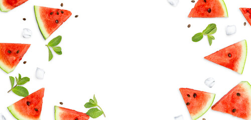 slices of watermelon, mint leaves and ice cubes on a white isolated background