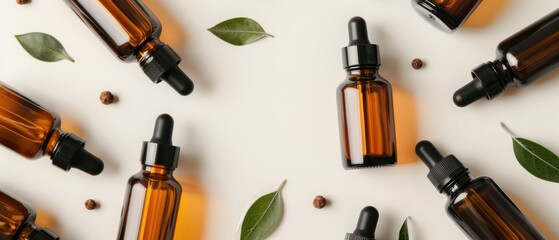 Brown glass essential oil bottles with droppers, surrounded by green leaves and coffee beans on a...