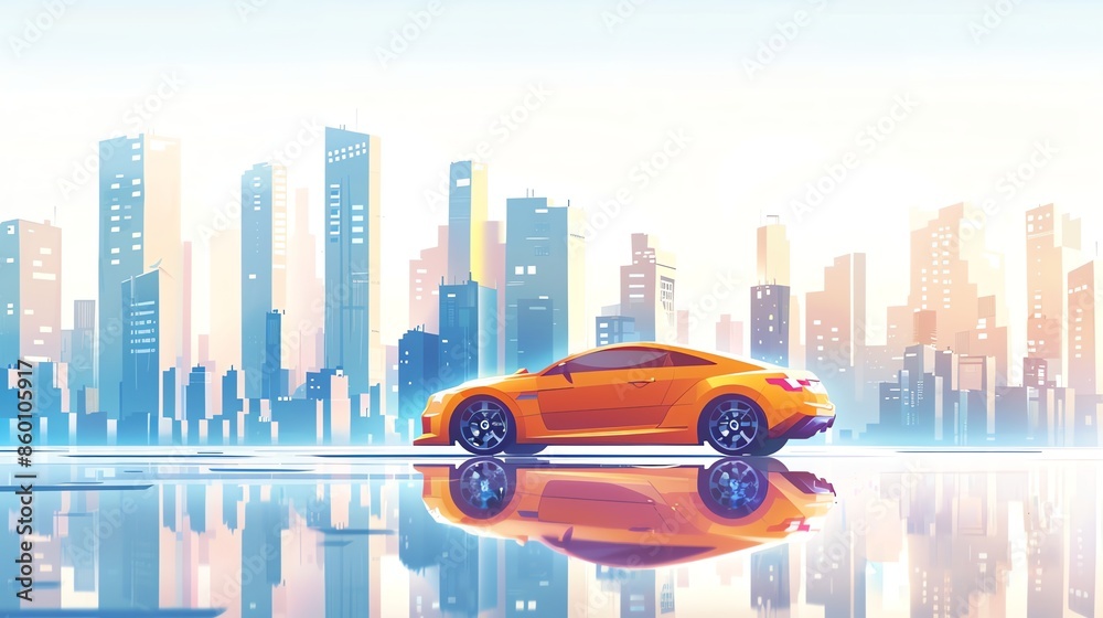 Canvas Prints A cartoon style image of an orange car driving on a street in front of a city skyline.