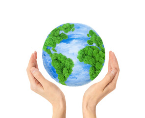 hands holding the planet on a white isolated background, environmental protection nature concept