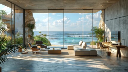 Fototapeta premium An exquisite living room with expansive glass walls unveiling breathtaking turquoise seas, featuring minimalist decor blending nature and elegance in perfect harmony.