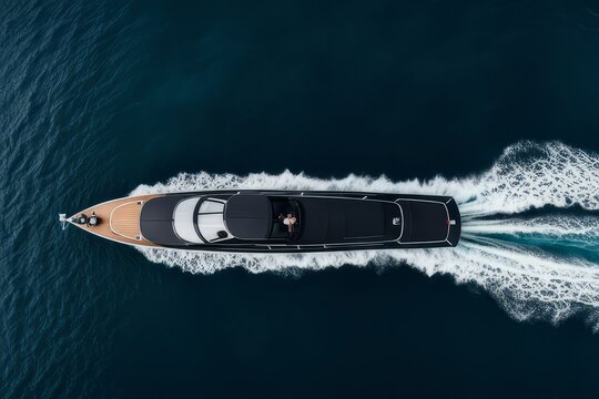 Aerial photo of a large black yacht, top view by drone - boat with wooden deck - Powered by Adobe