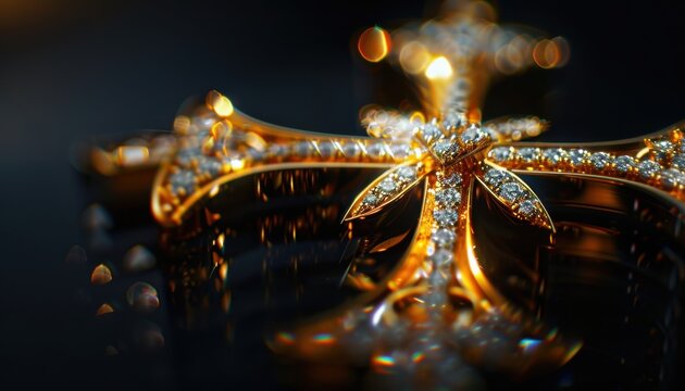 Close-up of a gold cross adorned with diamonds, reflecting light on a dark background, symbolizing faith, luxury, and elegance.