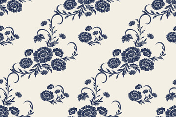 Vintage Floral pattern seamless peony embroidery Ikat texture tapestry silhouette peonies flower motif with leaves branches hand drawn vector illustration.  © Wita Pixs