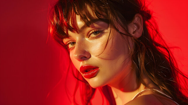 Fashionable fashion model on a red background : Generative AI