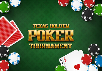 Poker tournament banner. Casino logo with cards and chips. Vector illustration.