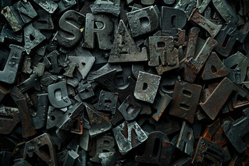 A pile of old, rusted letters and numbers