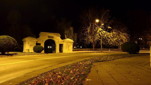 ZAMOSC, POLAND - OCTOBER 30 2017: Beautiful stone entrance to the City Park from Academic Street