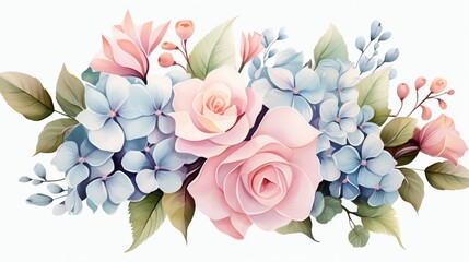 Watercolor painting of pink roses and hydrangeas with green leaves