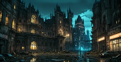 Fototapeta premium gothic castle medieval palace on city street at night. dystopian architecture downtown building with urban puddle reflections.
