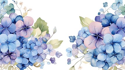 Watercolor floral border with blue and purple flowers on a white background.