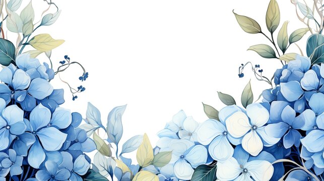 Watercolor floral border with blue hydrangea flowers and green leaves on white background.