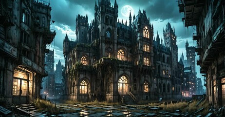 Fototapeta premium gothic castle medieval palace on city street at night. dystopian architecture downtown building with urban puddle reflections.