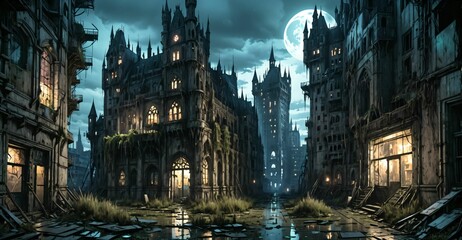 Fototapeta premium gothic castle medieval palace on city street at night. dystopian architecture downtown building with urban puddle reflections.