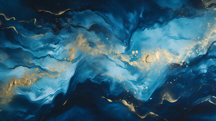 Abstract blue marble texture with gold splashes, blue luxury background 
