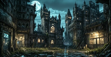 Fototapeta premium gothic castle medieval palace on city street at night. dystopian architecture downtown building with urban puddle reflections.