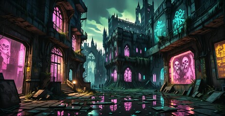 Obraz premium gothic cyberpunk castle medieval palace on city street at night. dystopian goth architecture downtown building with cyber neon lights and urban puddle reflections.