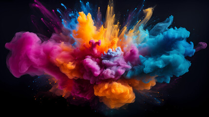 Obraz premium Colored powder explosion. Abstract closeup dust on backdrop. Colorful explode. Paint holi
