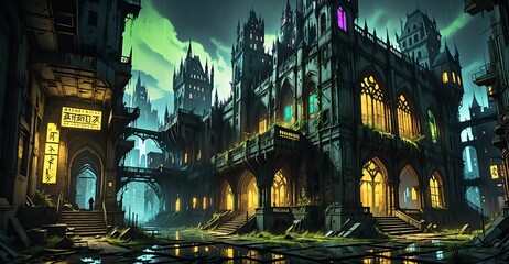 Obraz premium gothic cyberpunk castle medieval palace on city street at night. dystopian goth architecture downtown building with cyber neon lights and urban puddle reflections.