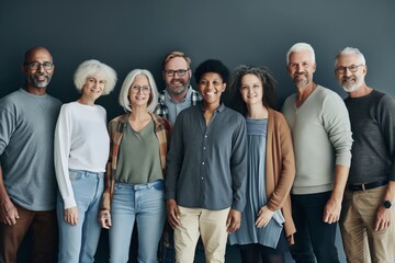 Fototapeta premium A group of people, including some older people, are posing for a photo. Scene is cheerful and friendly, as everyone is smiling and looking at the camera. The group is diverse