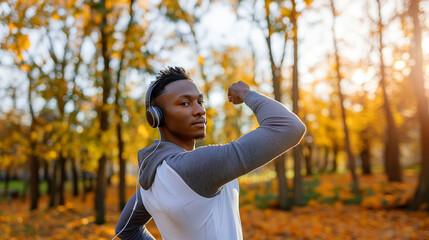 Fototapeta premium African American man wearing wireless headphones stretches his arm muscles before starting his morning jog in the park.