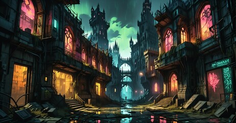 Fototapeta premium gothic cyberpunk castle medieval palace on city street at night. dystopian goth architecture downtown building with cyber neon lights and urban puddle reflections.