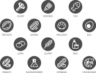 Food allergen allergy icons. include big 8 FDA Major Allergens and 14 food allergies from the EU Food Information for Consumers Regulation EFSA European Food Safety Authority Annex II