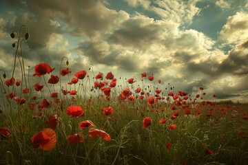 Fototapeta premium A stunning field of vibrant red poppies swaying in the breeze under a dramatic, cloudy sky during sunset.