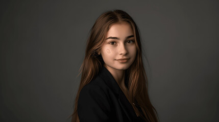 Fototapeta premium Young woman in black blazer with long hair headshot