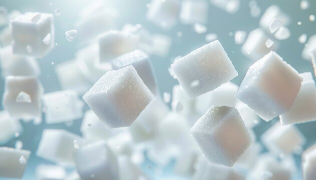 Close-up of sugar cubes floating in mid-air, creating an abstract sweet and delightful scene with soft lighting and focus effects.