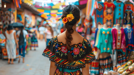 Fototapeta premium Woman in traditional Mexican dress in lively market