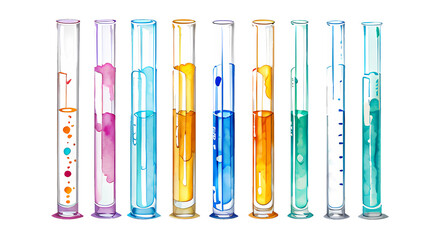 Drawing of a set of colorful glass test tubes, watercolor style. has a transparent background