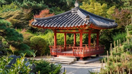 Obraz premium Traditional Red Gazebo in a Lush Garden