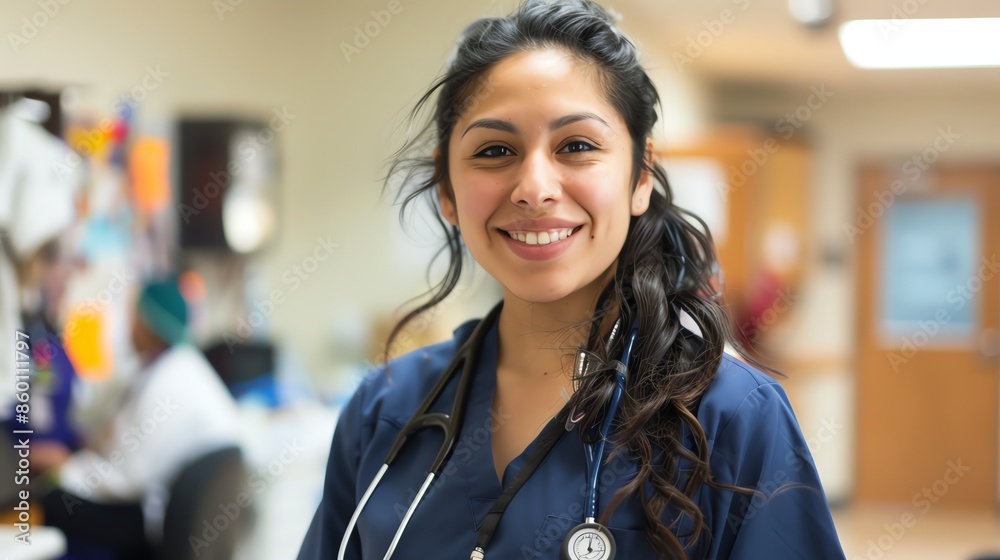 Wall mural A female doctor in a blue uniform and stethoscope smiles at the camera.