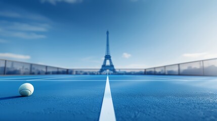 Fototapeta premium Paris tennis court with Eiffel Tower view, athletes in mid-game, Olympic 2024 signage, lively and energetic atmosphere, blue skies above