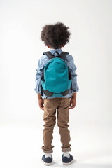 Boy with a blue backpack on a white background, ready to go to school