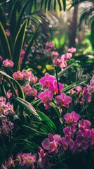 Obraz premium Beautiful pink orchids blooming amidst lush green foliage in a tropical garden, showcasing nature's vibrant colors and serenity.