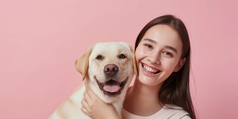 Woman and her golden retriever enjoying playful moments together on pink background