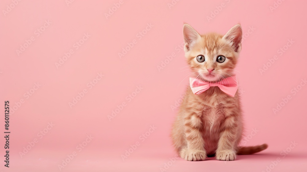 Sticker A cute orange kitten wearing a pink bow tie.